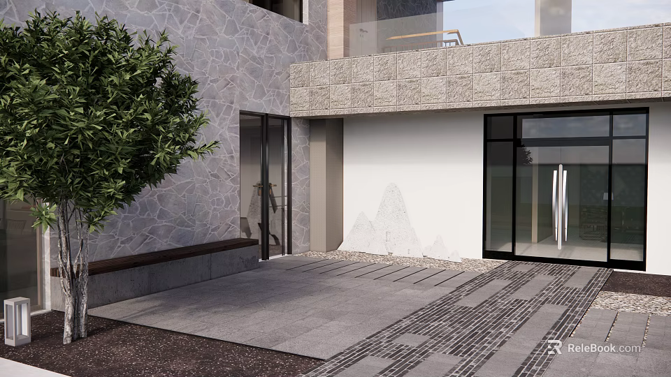 Natural Garden Landscape With Stone Wall Tree And Paved Entrance Area 3d model 