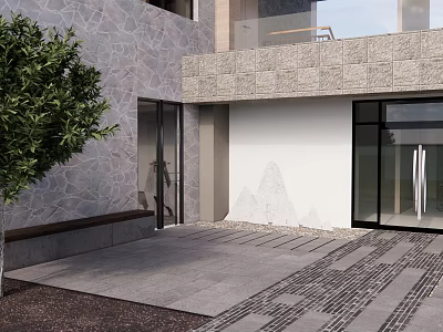 Natural Garden Landscape With Stone Wall Tree And Paved Entrance Area 3d model