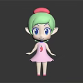 Cute Cartoon Character With Green Hair Pink Hat Big Blue Eyes And Elf Ears