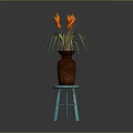 Decorative Brown Vase With Orange Red Flowers On Blue Small Stool