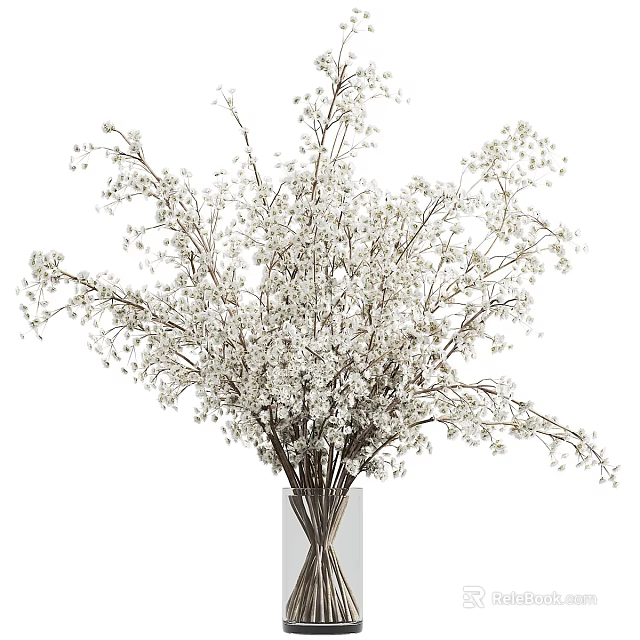 Elegant Floral Decoration With White Baby's Breath Bouquet In Clear Vase 3d model 