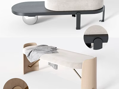 Modern Ottoman With Wooden Frame Beige Cushion And Curved Black Top Design 3d model
