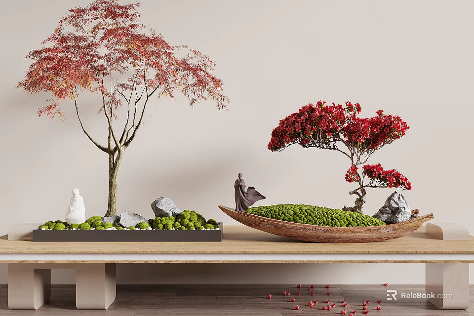 Red Leaf Bonsai Trees With Decorative Stones Small Figurine And Bird On Wooden Table 3d model 