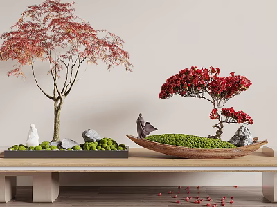 Red Leaf Bonsai Trees With Decorative Stones Small Figurine And Bird On Wooden Table 3d model