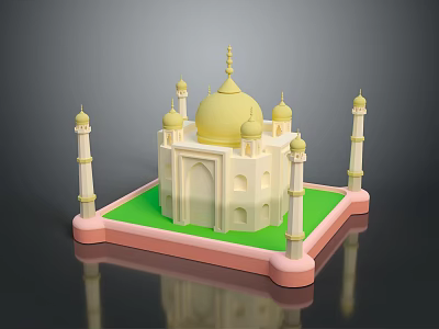 Taj Mahal 3D Model With Golden Dome Minarets Green Base And Pink Edges 3d model