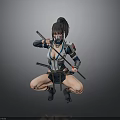 Female Ninja Warrior In Combat Outfit Holding Swords In Crouched Pose