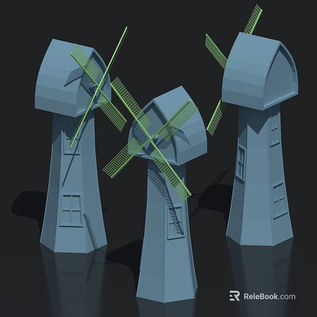 Three Blue 3D Windmill Models With Green Blades On Black Background 3d model 