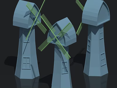 Three Blue 3D Windmill Models With Green Blades On Black Background 3d model