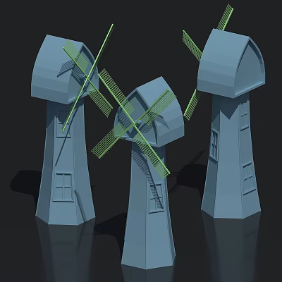 Three Blue 3D Windmill Models With Green Blades On Black Background 3d model