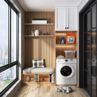 Cozy Home Balcony with Washing Machine Seating Bench Storage Shelves Green Plants and City View 3d model