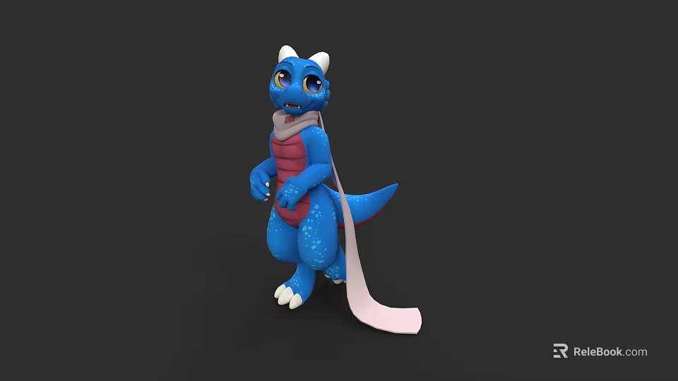 Cute Cartoon Reptile With Blue Body White Horns Red Belly And Pink Scarf 3d model 