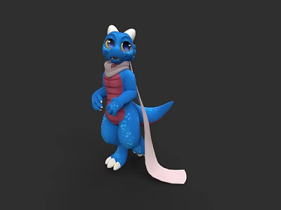 Cute Cartoon Reptile With Blue Body White Horns Red Belly And Pink Scarf 3d model