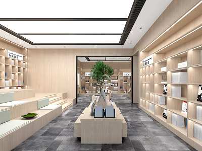 Modern Bookstore Interior With Wooden Bookshelves Display Tables And Green Plant 3d model