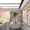 Modern Bookstore Interior With Wooden Bookshelves Display Tables And Green Plant