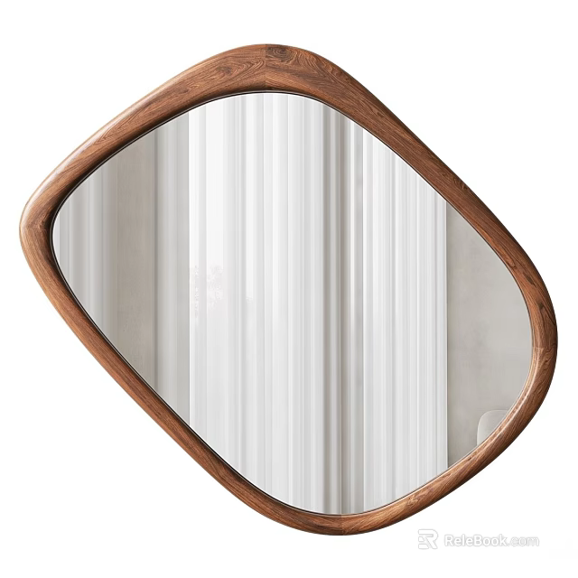 Modern Irregular Shaped Mirror With Wooden Frame Reflecting White Curtains 3d model