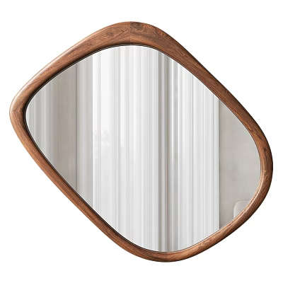 Modern Irregular Shaped Mirror With Wooden Frame Reflecting White Curtains 3d model