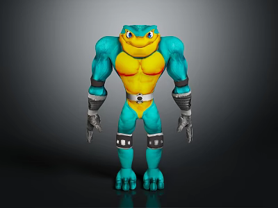 Muscular Blue Humanoid Creature With Yellow Abdomen Wrist Guards And Leg Armor 3d model