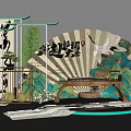 Ancient Style Photo Check In Spot Featuring Fan Screen Calligraphy Crane Greenery Stone Platform Lighting