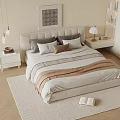 Modern Double Bed with Beige Striped Bedding Wooden Floor Light Rug Wall Art Nightstand Lamp