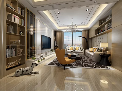 Modern Living Room Interior With TV Sofa Large Window Chandelier And Bookshelves 3d model