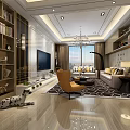 Modern Living Room Interior With TV Sofa Large Window Chandelier And Bookshelves