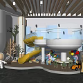 Colorful Kindergarten Interior With Yellow Slide Giraffe Toys And Astronaut Dolls