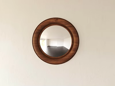 Round Mirror with Wooden Frame Hanging on White Wall Reflecting Empty Room with Dark Floor 3d model