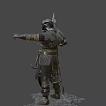 Helmeted Game Movie Knight Character In Metallic Armor Holding Spiked Spear Pointing Forward