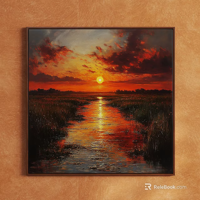 Oil Painting of Sunset with Red Clouds Sun and Water Reflection in Grassland 3d model 