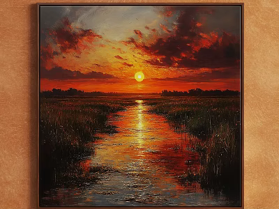 Oil Painting of Sunset with Red Clouds Sun and Water Reflection in Grassland 3d model
