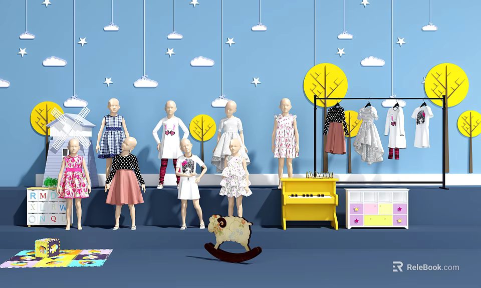 Children's Mannequins Displaying Kids Clothing In Colorful Room With Clouds Stars And Toys 3d model 