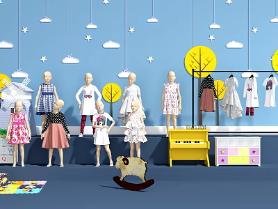 Children's Mannequins Displaying Kids Clothing In Colorful Room With Clouds Stars And Toys 3d model
