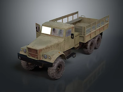 Vintage Sand Colored Military Truck With Open Cargo Bed And Large Worn Tires 3d model