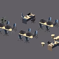 Modern Office Layout With Desks Chairs Cubicles Plants And Small Round Tables