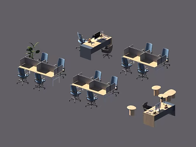 Modern Office Layout With Desks Chairs Cubicles Plants And Small Round Tables 3d model