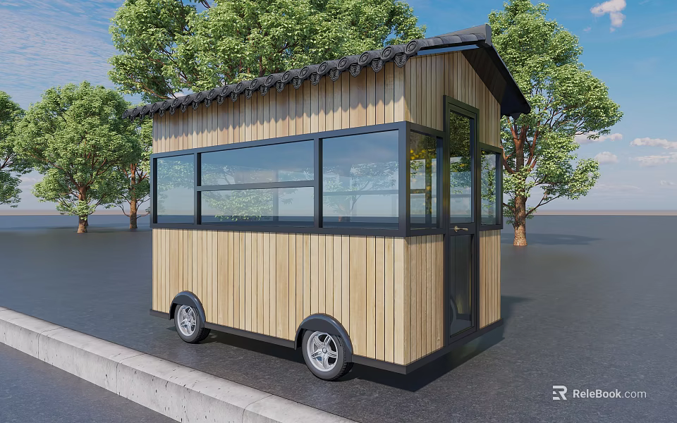 Wooden Mobile Commercial Kiosk With Large Windows Black Roof And Wheels For Outdoor Business 3d model 
