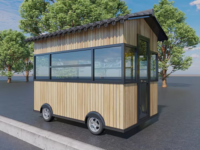 Wooden Mobile Commercial Kiosk With Large Windows Black Roof And Wheels For Outdoor Business 3d model
