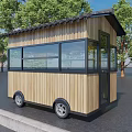 Wooden Mobile Commercial Kiosk With Large Windows Black Roof And Wheels For Outdoor Business