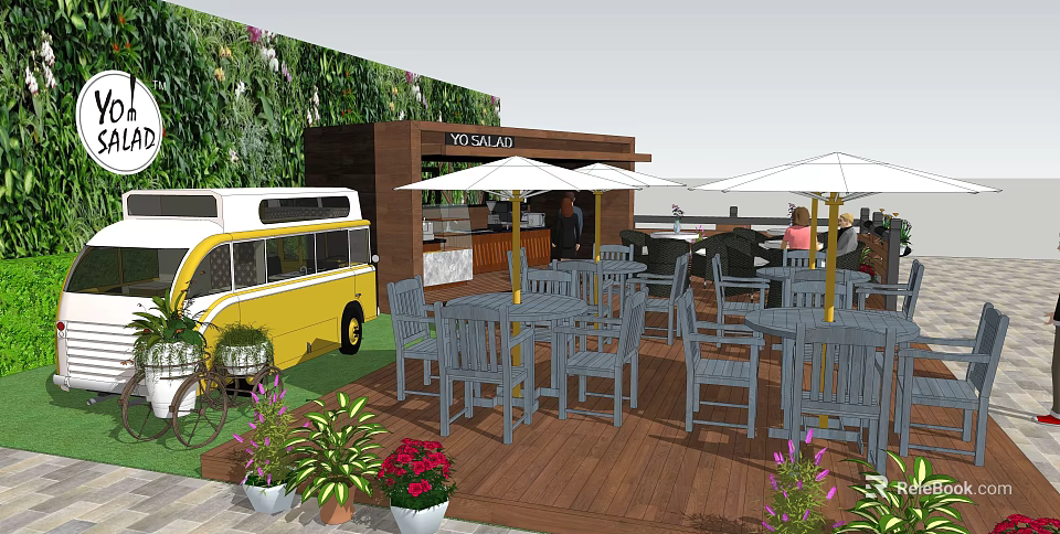 YOLK & CO Outdoor Space With Vintage Bus Wooden Deck Umbrellas Tables Chairs And Green Plant Wall 3d model 