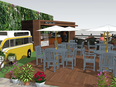 YOLK & CO Outdoor Space With Vintage Bus Wooden Deck Umbrellas Tables Chairs And Green Plant Wall 3d model