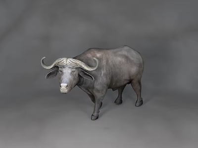 Full Body View Of Gray Buffalo With Curved Horns Standing On Gray Background 3d model