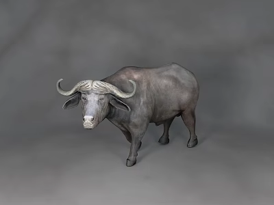 Full Body View Of Gray Buffalo With Curved Horns Standing On Gray Background 3d model