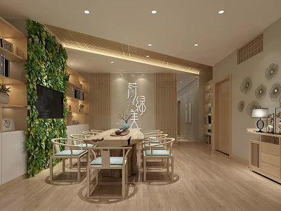 Modern Beauty Hair Salon Interior With Living Plant Wall Wooden Furniture And Ceiling Lights 3d model