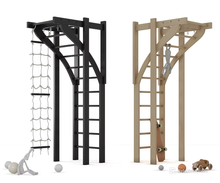 Outdoor Kids Climbing Frames With Black And Natural Wood Rope Net And Ladder Structures 3d model 