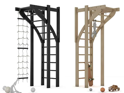 Outdoor Kids Climbing Frames With Black And Natural Wood Rope Net And Ladder Structures 3d model