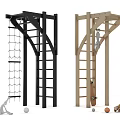 Outdoor Kids Climbing Frames With Black And Natural Wood Rope Net And Ladder Structures