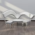 Blue Two Seat Leisure Chair With Unique Curved Design Black Frame And Wooden Floor Background