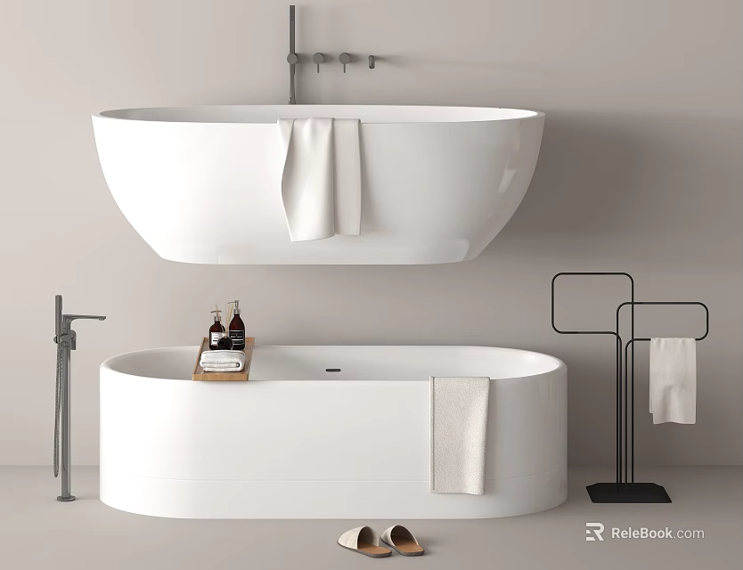 Minimalist Bathroom Interior With Two Bathtubs Towels Toiletries And Slippers 3d model 