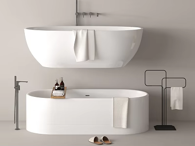 Minimalist Bathroom Interior With Two Bathtubs Towels Toiletries And Slippers 3d model