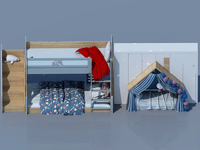 Kids Room Bunk Bed Design With Patterned Bedding Red Blanket And Play Tent 3d model